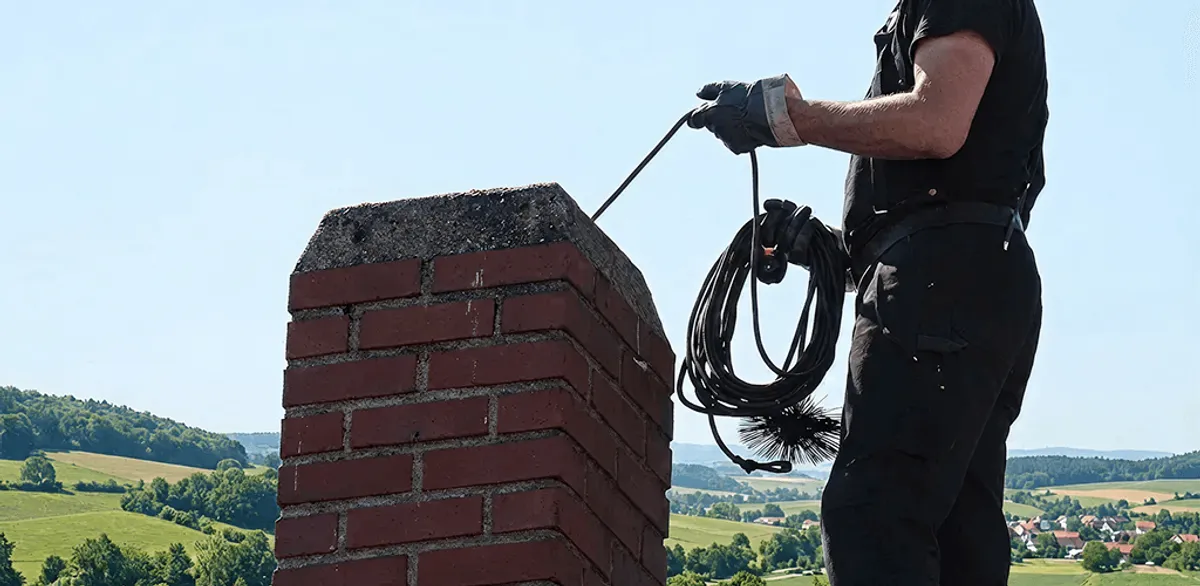 Chimney sweep inspecting and cleaning a rooftop chimney in San Francisco, CA
